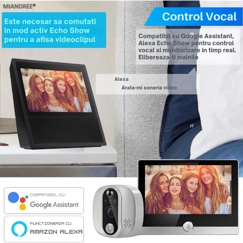 Casa si Gradina - Electrice - Smart Home - Control acces si accesorii - Vizor Electronic Inteligent Wi-Fi, MIANDREE®, Camera 1080P HD, LCD 4.3 Inch, Senzor Miscare, Audio Bidirectional - Infinity.ro