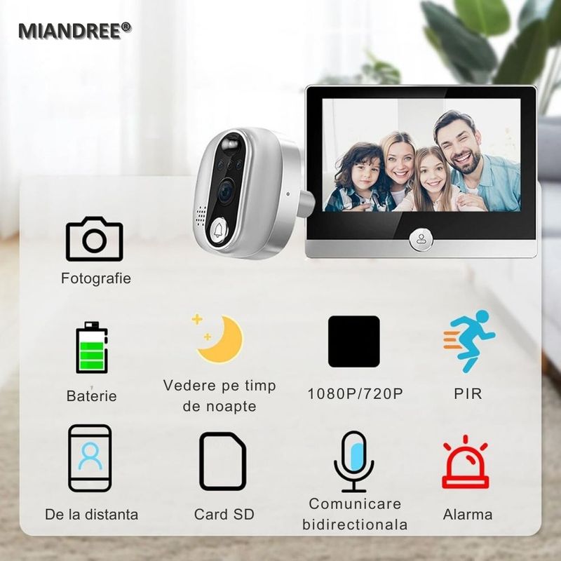 Casa si Gradina - Electrice - Smart Home - Control acces si accesorii - Vizor Electronic Inteligent Wi-Fi, MIANDREE®, Camera 1080P HD, LCD 4.3 Inch, Senzor Miscare, Audio Bidirectional - Infinity.ro