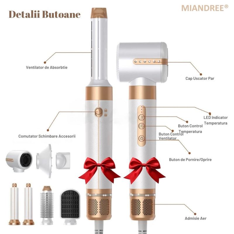 Ingrijire personala si Cosmetice - Aparate & accesorii ingrijire personala - Hair styling - Uscatoare de par - Set Uscator de Par 7 in 1 MIANDREE®, 1400W, Ondulator cu Absorbtie Automata, Difuzor, Perie Indreptare - Infinity.ro