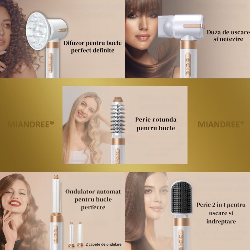 Ingrijire personala si Cosmetice - Aparate & accesorii ingrijire personala - Hair styling - Uscatoare de par - Set Uscator de Par 7 in 1 MIANDREE®, 1400W, Ondulator cu Absorbtie Automata, Difuzor, Perie Indreptare - Infinity.ro
