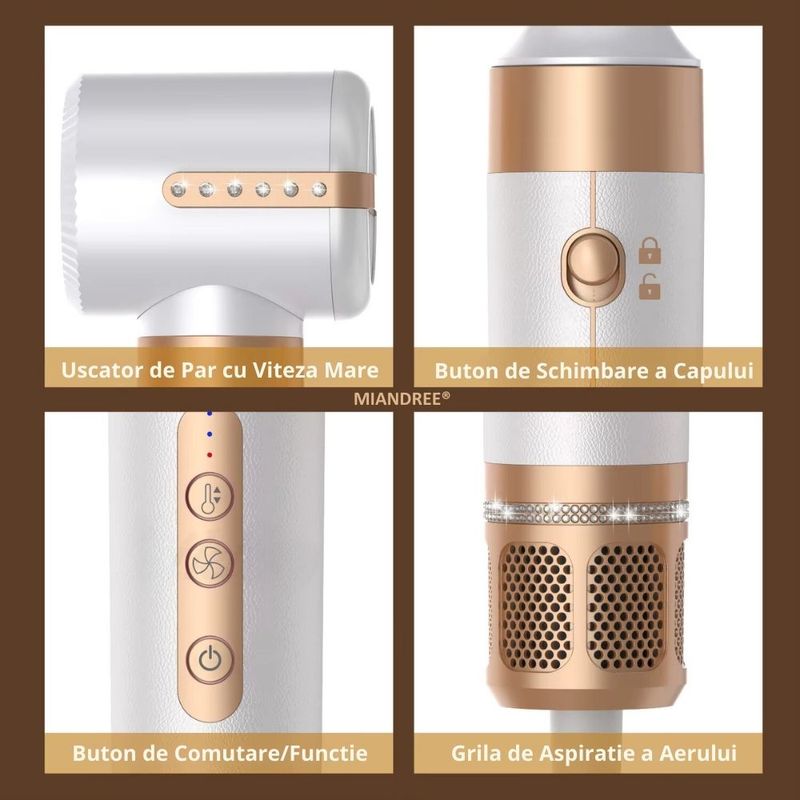 Ingrijire personala si Cosmetice - Aparate & accesorii ingrijire personala - Hair styling - Uscatoare de par - Set Uscator de Par 7 in 1 MIANDREE®, 1400W, Ondulator cu Absorbtie Automata, Difuzor, Perie Indreptare - Infinity.ro