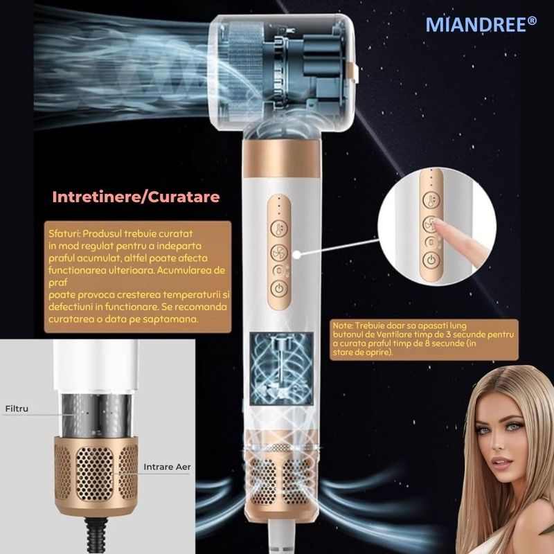 Ingrijire personala si Cosmetice - Aparate & accesorii ingrijire personala - Hair styling - Uscatoare de par - Set Uscator de Par 7 in 1 MIANDREE®, 1400W, Ondulator cu Absorbtie Automata, Difuzor, Perie Indreptare - Infinity.ro