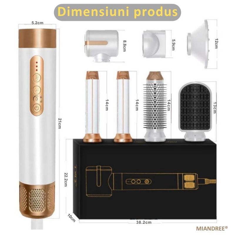 Ingrijire personala si Cosmetice - Aparate & accesorii ingrijire personala - Hair styling - Uscatoare de par - Set Uscator de Par 7 in 1 MIANDREE®, 1400W, Ondulator cu Absorbtie Automata, Difuzor, Perie Indreptare - Infinity.ro