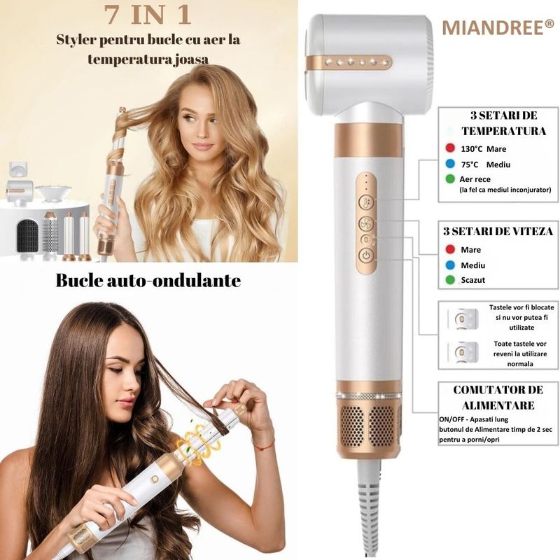 Ingrijire personala si Cosmetice - Aparate & accesorii ingrijire personala - Hair styling - Uscatoare de par - Set Uscator de Par 7 in 1 MIANDREE®, 1400W, Ondulator cu Absorbtie Automata, Difuzor, Perie Indreptare - Infinity.ro