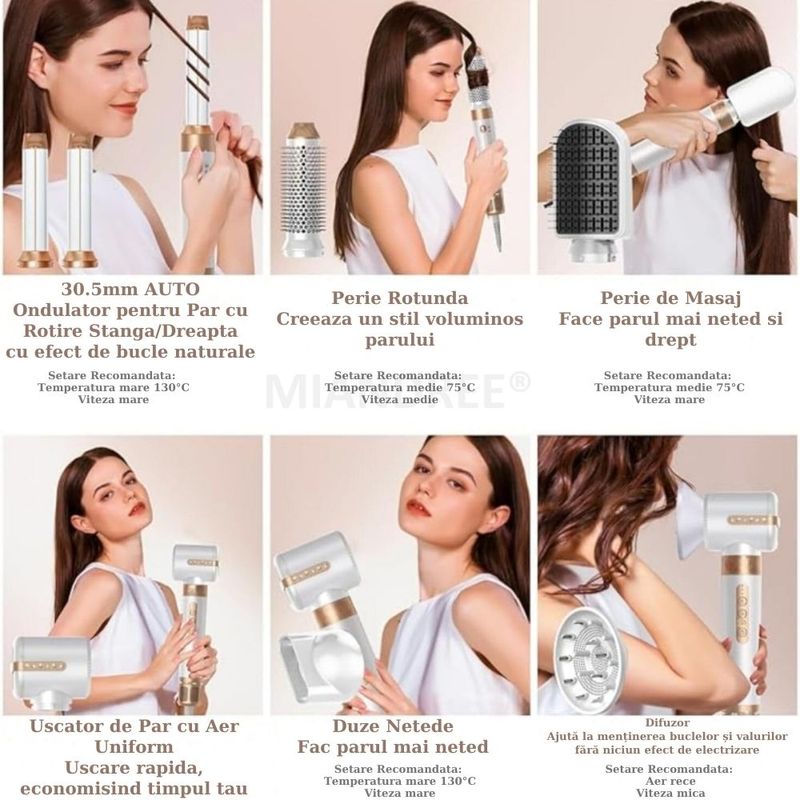 Ingrijire personala si Cosmetice - Aparate & accesorii ingrijire personala - Hair styling - Uscatoare de par - Set Uscator de Par 7 in 1 MIANDREE®, 1400W, Ondulator cu Absorbtie Automata, Difuzor, Perie Indreptare - Infinity.ro