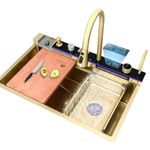 Casa si Gradina - Sanitare - Chiuveta bucatarie si accesorii - Chiuvete bucatarie - Chiuveta bucatarie multifunctionala, Dus Extractabil, Tocator Lemn, LCD Temperatura, 2 Jeturi Apa, Auriu, 75x46 cm - Infinity.ro