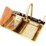 Casa si Gradina - Sanitare - Chiuveta bucatarie si accesorii - Chiuvete bucatarie - Chiuveta bucatarie multifunctionala, Dus Extractabil, Tocator Lemn, LCD Temperatura, 2 Jeturi Apa, Auriu, 75x46 cm - Infinity.ro