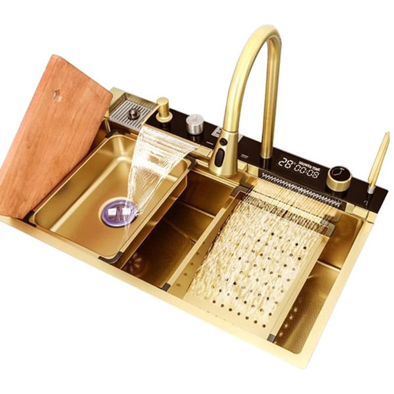 Casa si Gradina - Sanitare - Chiuveta bucatarie si accesorii - Chiuvete bucatarie - Chiuveta bucatarie multifunctionala, Dus Extractabil, Tocator Lemn, LCD Temperatura, 2 Jeturi Apa, Auriu, 75x46 cm - Infinity.ro