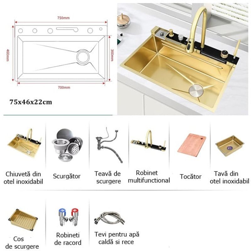 Casa si Gradina - Sanitare - Chiuveta bucatarie si accesorii - Chiuvete bucatarie - Chiuveta bucatarie multifunctionala, Dus Extractabil, Tocator Lemn, LCD Temperatura, 2 Jeturi Apa, Auriu, 75x46 cm - Infinity.ro