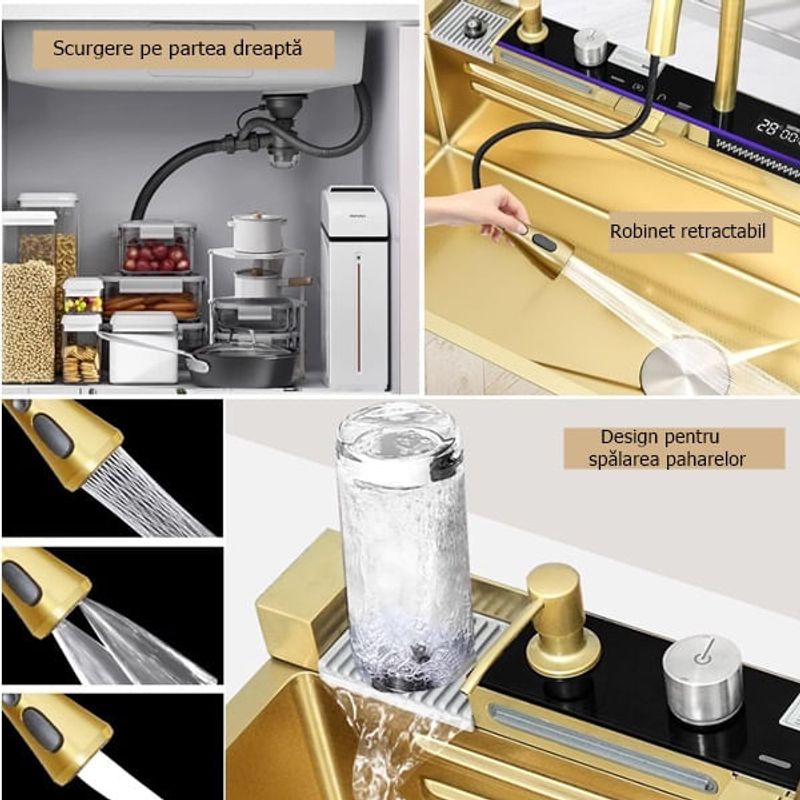 Casa si Gradina - Sanitare - Chiuveta bucatarie si accesorii - Chiuvete bucatarie - Chiuveta bucatarie multifunctionala, Dus Extractabil, Tocator Lemn, LCD Temperatura, 2 Jeturi Apa, Auriu, 75x46 cm - Infinity.ro
