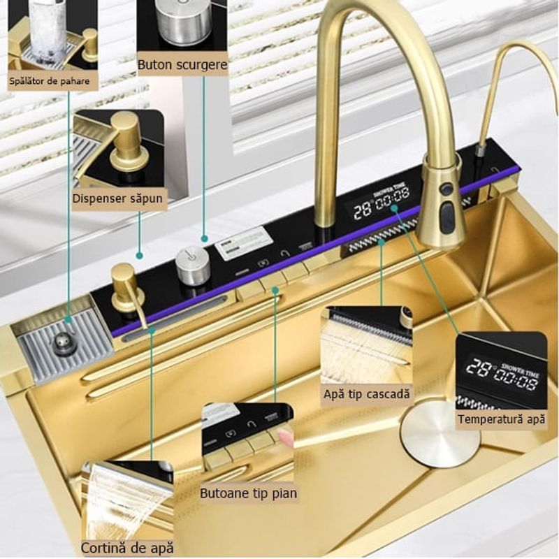 Casa si Gradina - Sanitare - Chiuveta bucatarie si accesorii - Chiuvete bucatarie - Chiuveta bucatarie multifunctionala, Dus Extractabil, Tocator Lemn, LCD Temperatura, 2 Jeturi Apa, Auriu, 75x46 cm - Infinity.ro