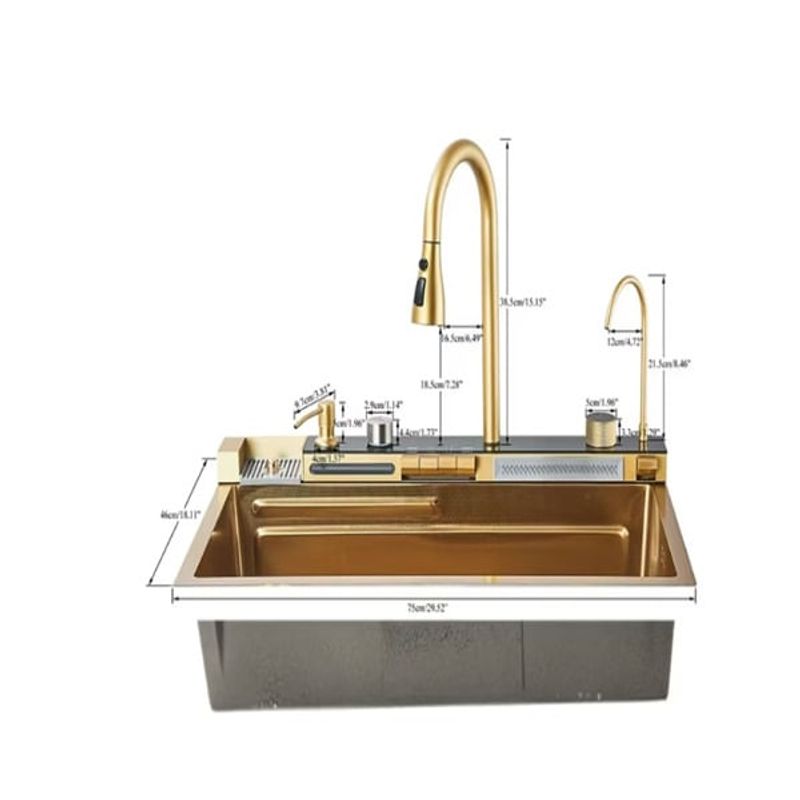 Casa si Gradina - Sanitare - Chiuveta bucatarie si accesorii - Chiuvete bucatarie - Chiuveta bucatarie multifunctionala, Dus Extractabil, Tocator Lemn, LCD Temperatura, 2 Jeturi Apa, Auriu, 75x46 cm - Infinity.ro