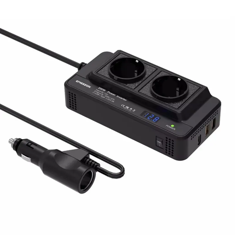 Auto si Moto - Reparatii si depanare - Invertoare auto - Invertor de tensiune Auto 12V, EMESZON® M8300-2, Putere 200W, Iesire 220V 50Hz si 2xUSB, 1xType-C 5V 5.4A, QC 3.0, Negru - Infinity.ro