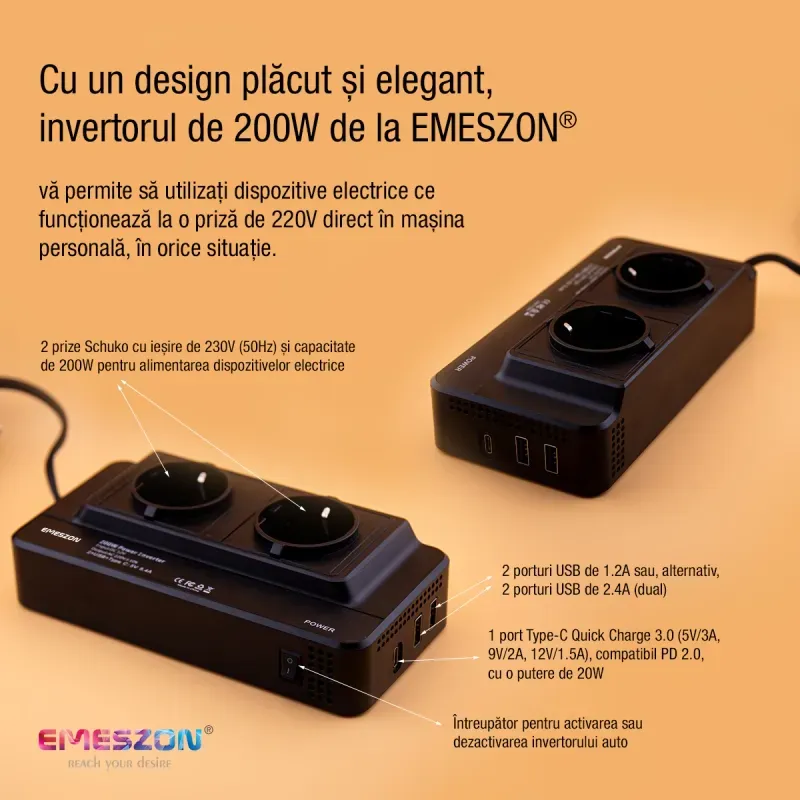 Auto si Moto - Reparatii si depanare - Invertoare auto - Invertor de tensiune Auto 12V, EMESZON® M8300-2, Putere 200W, Iesire 220V 50Hz si 2xUSB, 1xType-C 5V 5.4A, QC 3.0, Negru - Infinity.ro