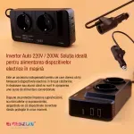 Auto si Moto - Reparatii si depanare - Invertoare auto - Invertor de tensiune Auto 12V, EMESZON® M8300-2, Putere 200W, Iesire 220V 50Hz si 2xUSB, 1xType-C 5V 5.4A, QC 3.0, Negru - Infinity.ro