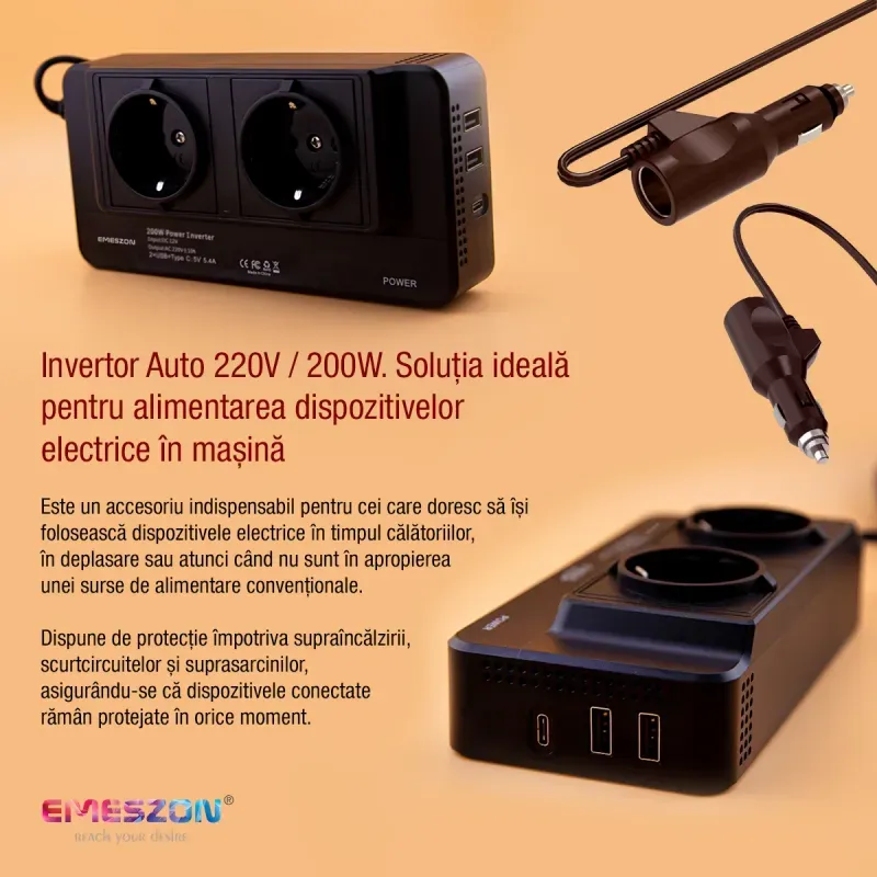 Auto si Moto - Reparatii si depanare - Invertoare auto - Invertor de tensiune Auto 12V, EMESZON® M8300-2, Putere 200W, Iesire 220V 50Hz si 2xUSB, 1xType-C 5V 5.4A, QC 3.0, Negru - Infinity.ro