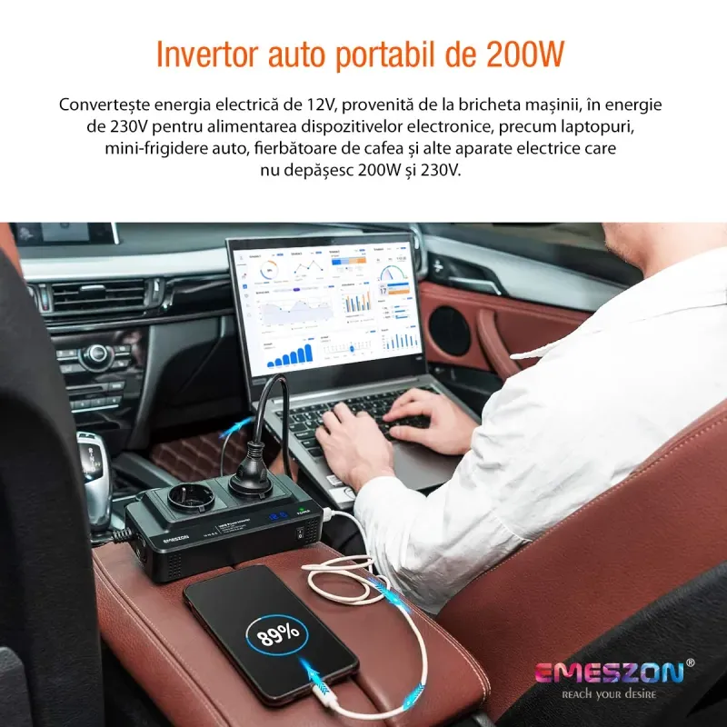 Auto si Moto - Reparatii si depanare - Invertoare auto - Invertor de tensiune Auto 12V, EMESZON® M8300-2, Putere 200W, Iesire 220V 50Hz si 2xUSB, 1xType-C 5V 5.4A, QC 3.0, Negru - Infinity.ro