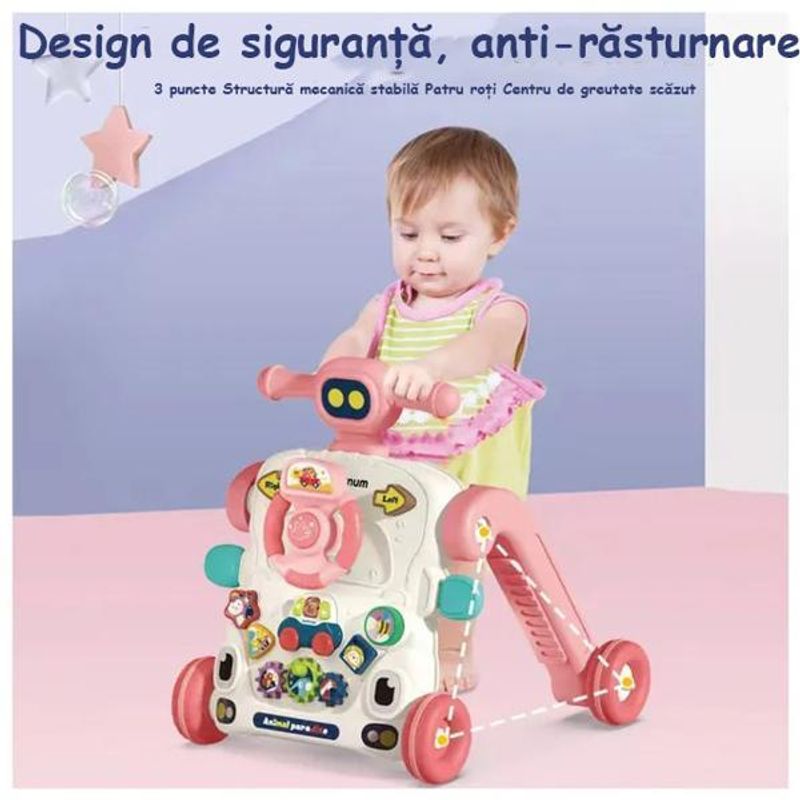 Jucarii, Copii si Bebe - Carucioare si articole de transport - Premergatoare - Antemergator Cu Centru De Activitati Multifunctional 3 In 1 WePro Store, Lumini, Sunete, Roti Antiderapante, Roz, 6 + - Infinity.ro