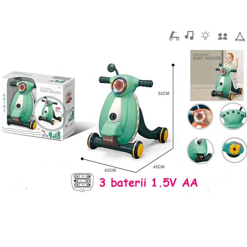 Jucarii, Copii si Bebe - Carucioare si articole de transport - Premergatoare - Antemergator cu sunete si lumini WePro Store, panou de control, joc cu mingea, viteza reglabila, Verde, 12 luni + - Infinity.ro