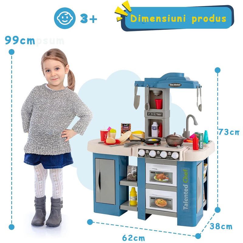Jucarii, Copii si Bebe - Jucarii si jocuri - Jucarii de rol - Bucatarii copii - Bucatarie Pentru Copii, Circuit de Apa Real, Cuptor si Plita, Sunete si Lumini, 67 Piese, Albastra, 3 Ani + - Infinity.ro
