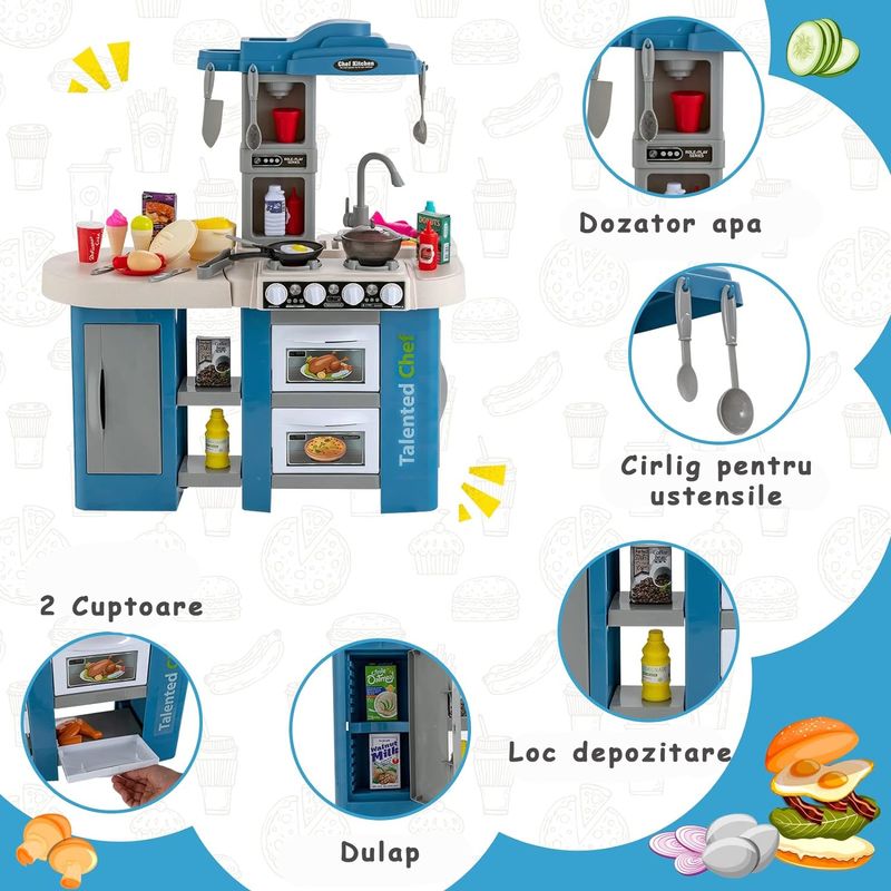Jucarii, Copii si Bebe - Jucarii si jocuri - Jucarii de rol - Bucatarii copii - Bucatarie Pentru Copii, Circuit de Apa Real, Cuptor si Plita, Sunete si Lumini, 67 Piese, Albastra, 3 Ani + - Infinity.ro
