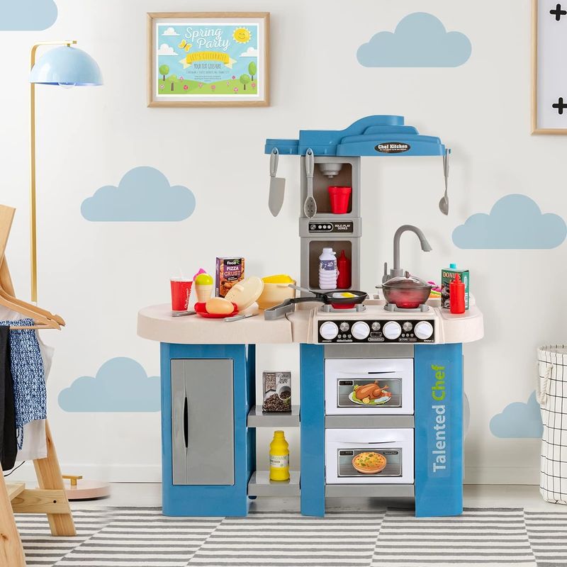 Jucarii, Copii si Bebe - Jucarii si jocuri - Jucarii de rol - Bucatarii copii - Bucatarie Pentru Copii, Circuit de Apa Real, Cuptor si Plita, Sunete si Lumini, 67 Piese, Albastra, 3 Ani + - Infinity.ro