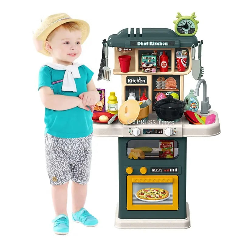 Jucarii, Copii si Bebe - Jucarii si jocuri - Jucarii de rol - Bucatarii copii - Bucatarie pentru Copii, Circuit de Apa Real, Cuptor si Plita, Sunete si Lumini, 64 Piese Accesorii, Verde, 3 Ani+ - Infinity.ro