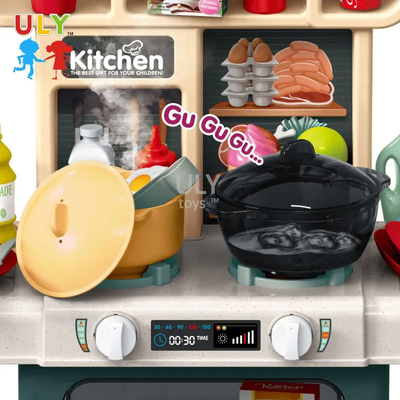 Jucarii, Copii si Bebe - Jucarii si jocuri - Jucarii de rol - Bucatarii copii - Bucatarie pentru Copii, Circuit de Apa Real, Cuptor si Plita, Sunete si Lumini, 64 Piese Accesorii, Verde, 3 Ani+ - Infinity.ro