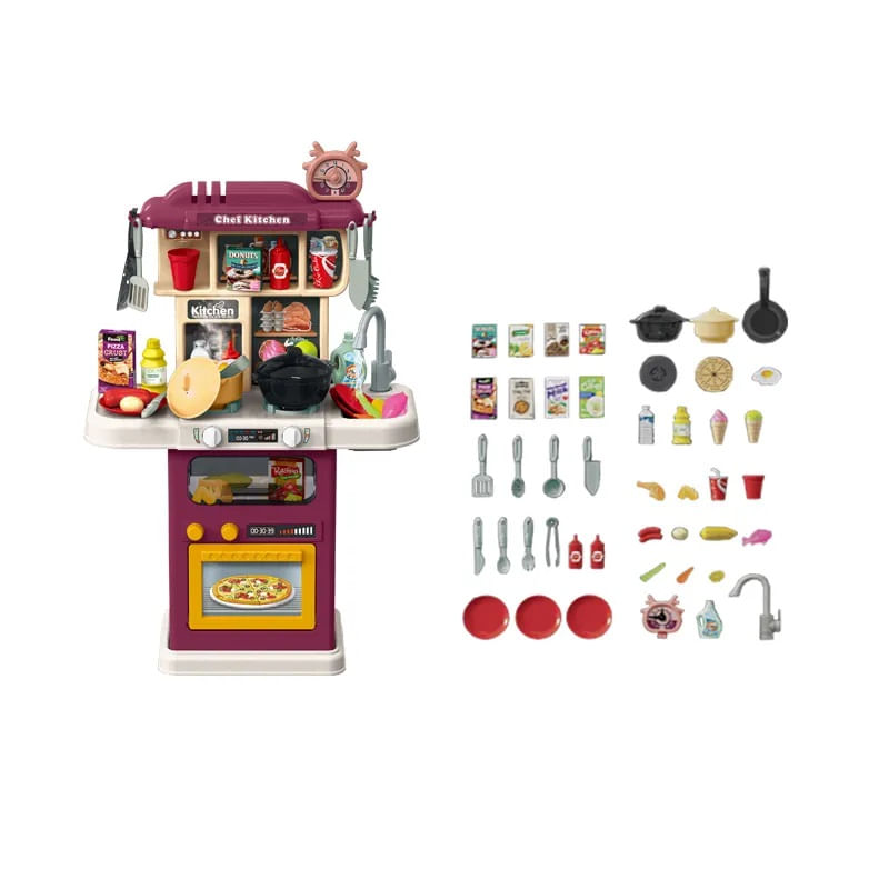Jucarii, Copii si Bebe - Jucarii si jocuri - Jucarii de rol - Bucatarii copii - Bucatarie Pentru Copii WePro Store, Circuit De Apa Real, Cuptor Si Plita, Sunete, Lumini, 64 Piese, Violet, 3 Ani + - Infinity.ro