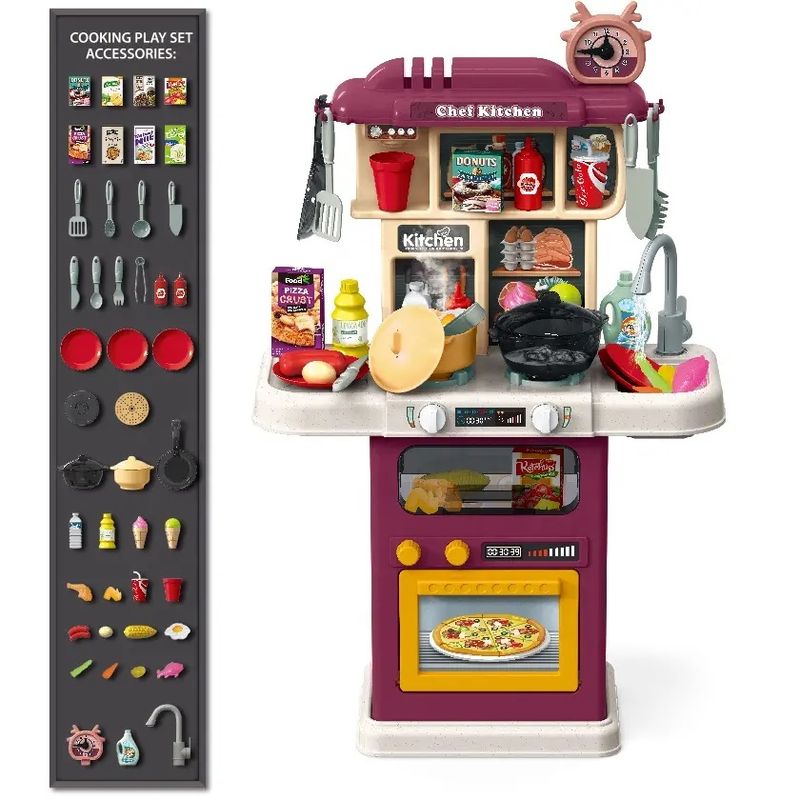 Jucarii, Copii si Bebe - Jucarii si jocuri - Jucarii de rol - Bucatarii copii - Bucatarie Pentru Copii WePro Store, Circuit De Apa Real, Cuptor Si Plita, Sunete, Lumini, 64 Piese, Violet, 3 Ani + - Infinity.ro