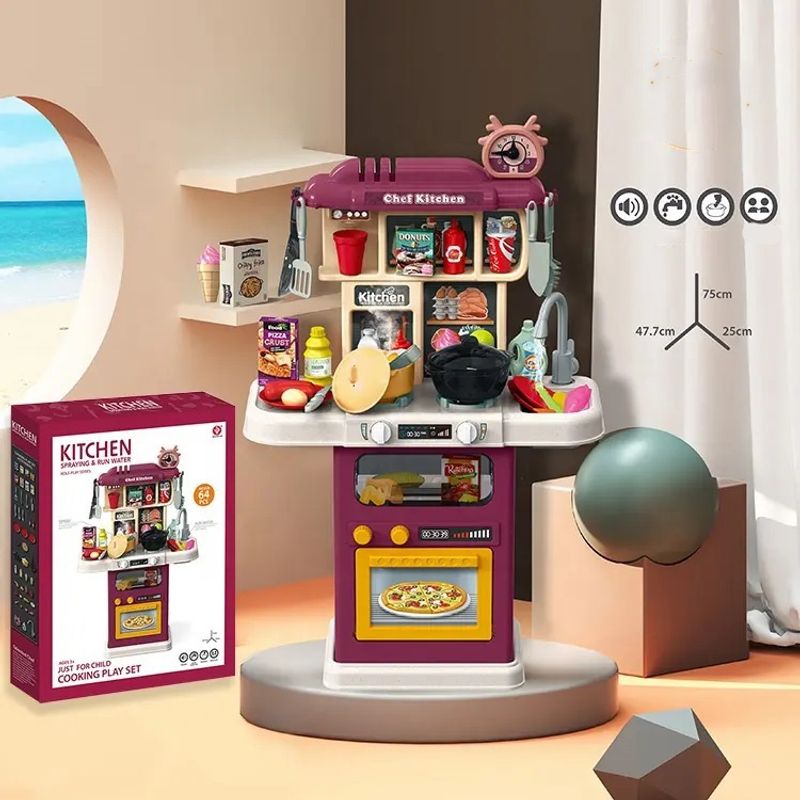 Jucarii, Copii si Bebe - Jucarii si jocuri - Jucarii de rol - Bucatarii copii - Bucatarie Pentru Copii WePro Store, Circuit De Apa Real, Cuptor Si Plita, Sunete, Lumini, 64 Piese, Violet, 3 Ani + - Infinity.ro