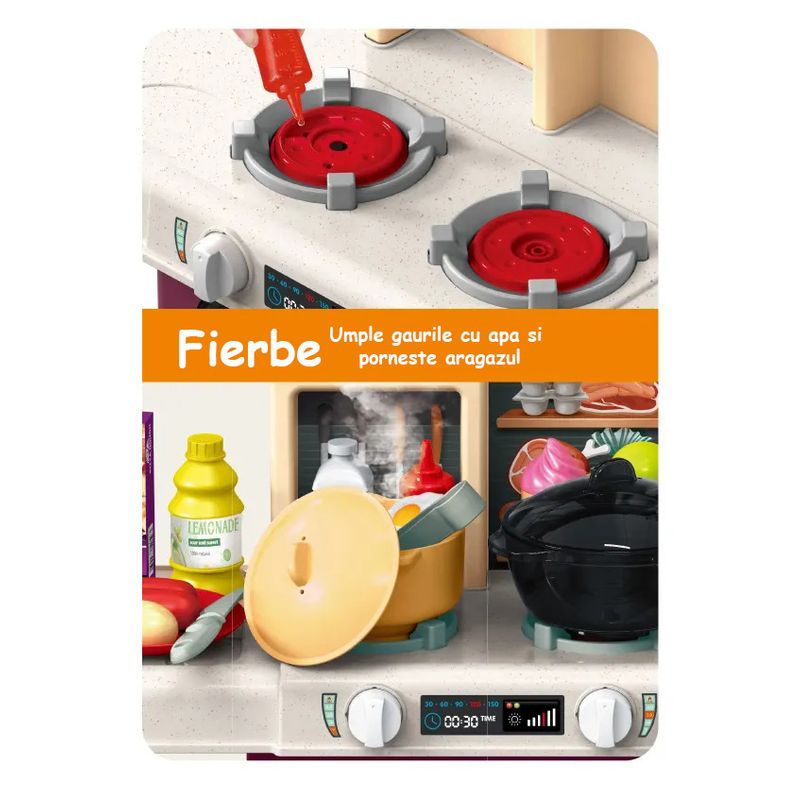 Jucarii, Copii si Bebe - Jucarii si jocuri - Jucarii de rol - Bucatarii copii - Bucatarie Pentru Copii WePro Store, Circuit De Apa Real, Cuptor Si Plita, Sunete, Lumini, 64 Piese, Violet, 3 Ani + - Infinity.ro