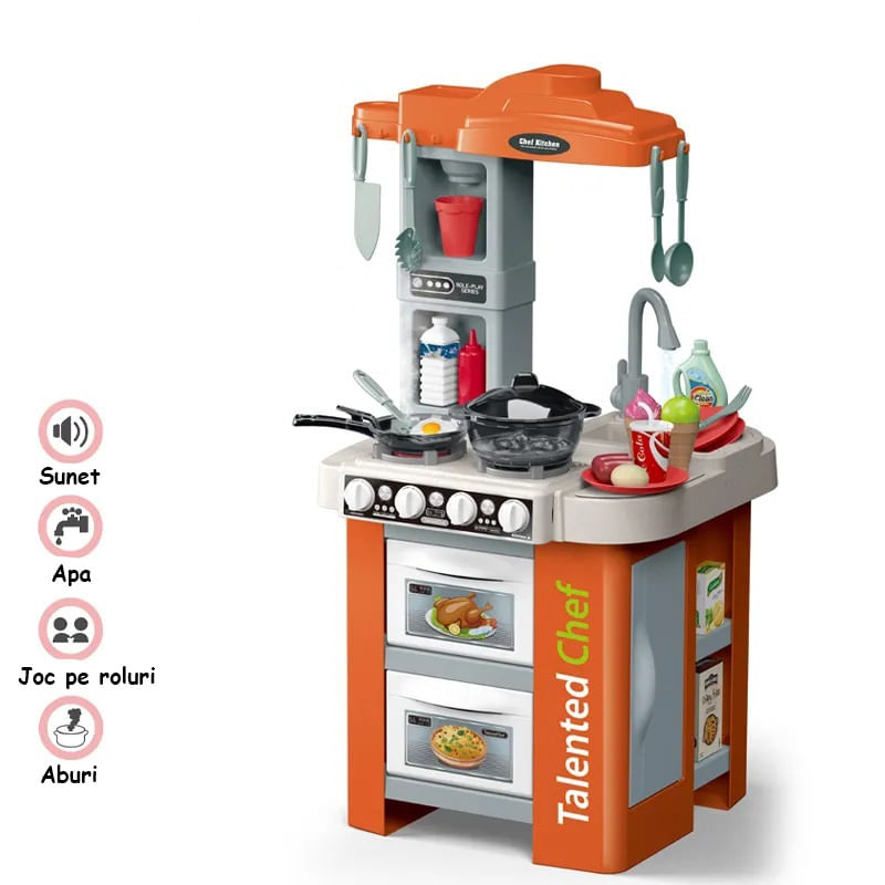 Jucarii, Copii si Bebe - Jucarii si jocuri - Jucarii de rol - Bucatarii copii - Bucatarie Pentru Copii, Circuit de Apa Real, Cuptor si Plita, Sunete si Lumini, Accesorizata Complet, Portocalie, 3Ani + - Infinity.ro