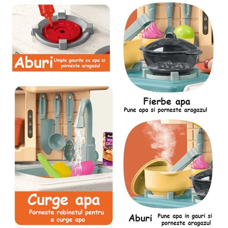 Jucarii, Copii si Bebe - Jucarii si jocuri - Jucarii de rol - Bucatarii copii - Bucatarie pentru Copii, Lumini si Sunete Reale, Apa Curgatoare si Abur, 75 Accesorii de Gatit, Portocalie, 3 Ani+ - Infinity.ro