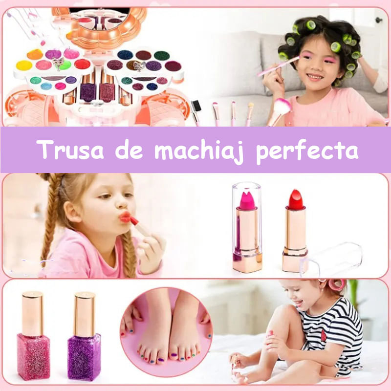 Jucarii, Copii si Bebe - Jucarii si jocuri - Jucarii de rol - Frumusete, bijuterii si accesorii fetite - Trusa de machiaj pentru copii cu masuta muzicala si lumini, Roz - Infinity.ro