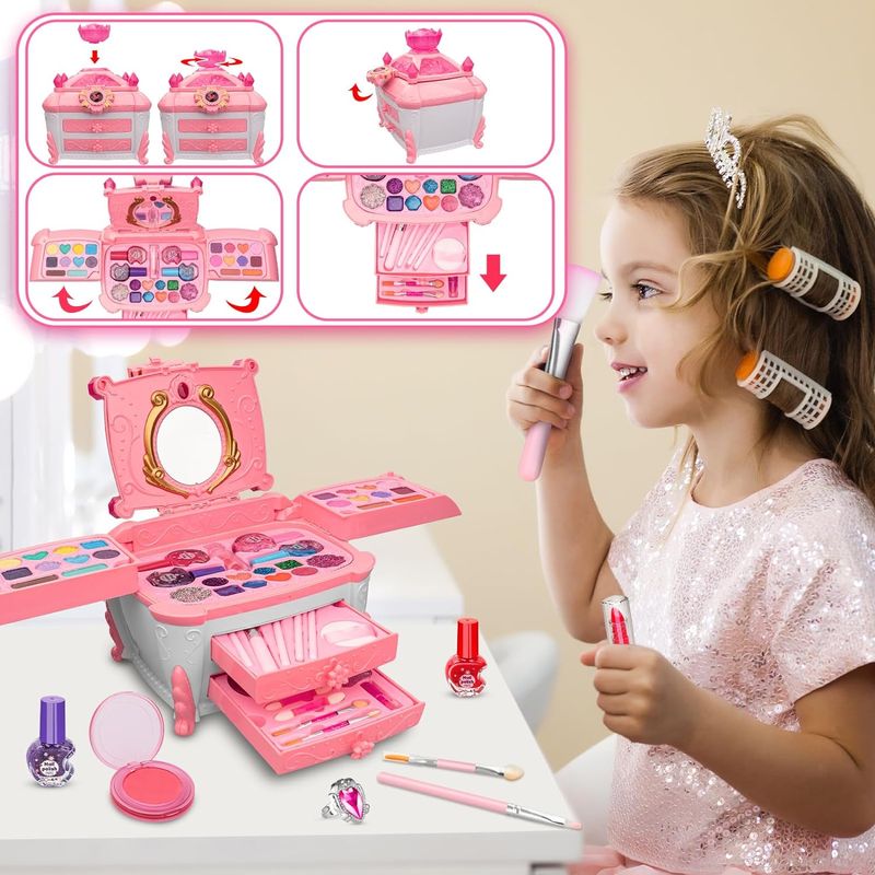 Jucarii, Copii si Bebe - Jucarii si jocuri - Jucarii de rol - Frumusete, bijuterii si accesorii fetite - Trusa de machiaj pentru copii, solubile in apa, non-toxic, Roz - Infinity.ro