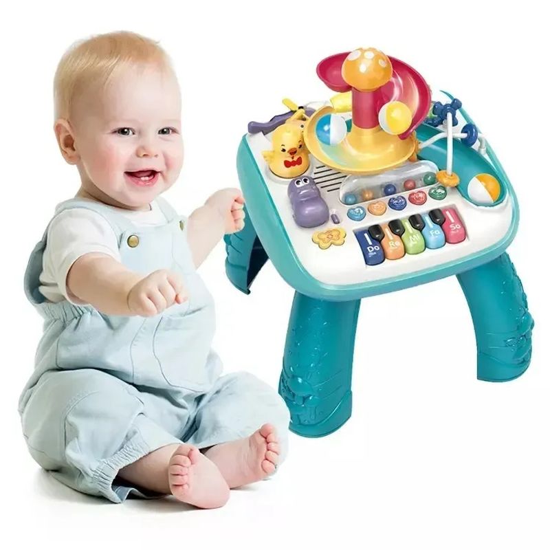 Jucarii, Copii si Bebe - Jucarii si jocuri - Jucarii bebelusi - Jucarii interactive bebelusi - Masa educativa pentru copii multifunctionala WePro Store, tobogan si pian, Sunete si Lumini, ratusca, minge, 3 ani + - Infinity.ro