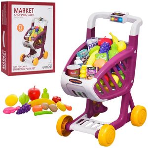 Cos de Cumparaturi Supermarket pentru Copii cu Sunete si Lumini, 41 Accesorii, Fructe, Legume, Bani, Violet, 3 Ani+