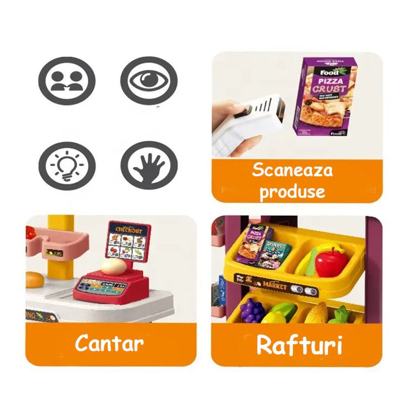 Jucarii, Copii si Bebe - Jucarii si jocuri - Jucarii de rol - Set joaca supermarket - Set Joaca Supermarket cu Lumini si Sunete, Dispozitiv Scanat, Casa de Marcat, Rafturi, Fructe, Legume, Cantar,  3 Ani+ - Infinity.ro