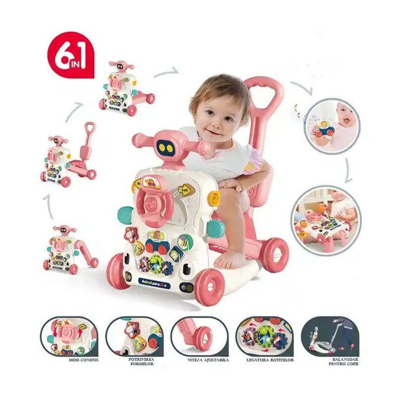 Jucarii, Copii si Bebe - Carucioare si articole de transport - Premergatoare - Premergator si Antemergator Multifunctional 6 in 1, Balansoar, Trotineta, Scuter, Centru Activitati, Roz, 6 Luni+ - Infinity.ro