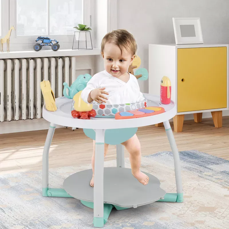 Jucarii, Copii si Bebe - Jucarii si jocuri - Jucarii de exterior - Balansoare copii - Saritor pentru copii 5 in 1 cu Masa si Centru de Activitati, Covoras Muzical, Baby Jumper, 6 luni+, Alb - Infinity.ro
