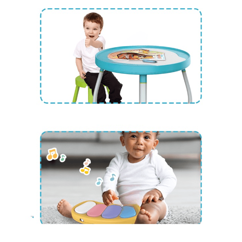 Jucarii, Copii si Bebe - Jucarii si jocuri - Jucarii de exterior - Balansoare copii - Saritor pentru copii 5 in 1 cu Masa si Centru de Activitati, Covoras Muzical, Baby Jumper, 6 luni+, Albastru - Infinity.ro