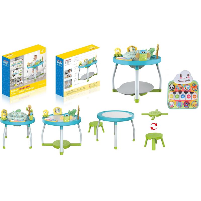 Jucarii, Copii si Bebe - Jucarii si jocuri - Jucarii de exterior - Balansoare copii - Saritor pentru copii 5 in 1 cu Masa si Centru de Activitati, Covoras Muzical, Baby Jumper, 6 luni+, Albastru - Infinity.ro