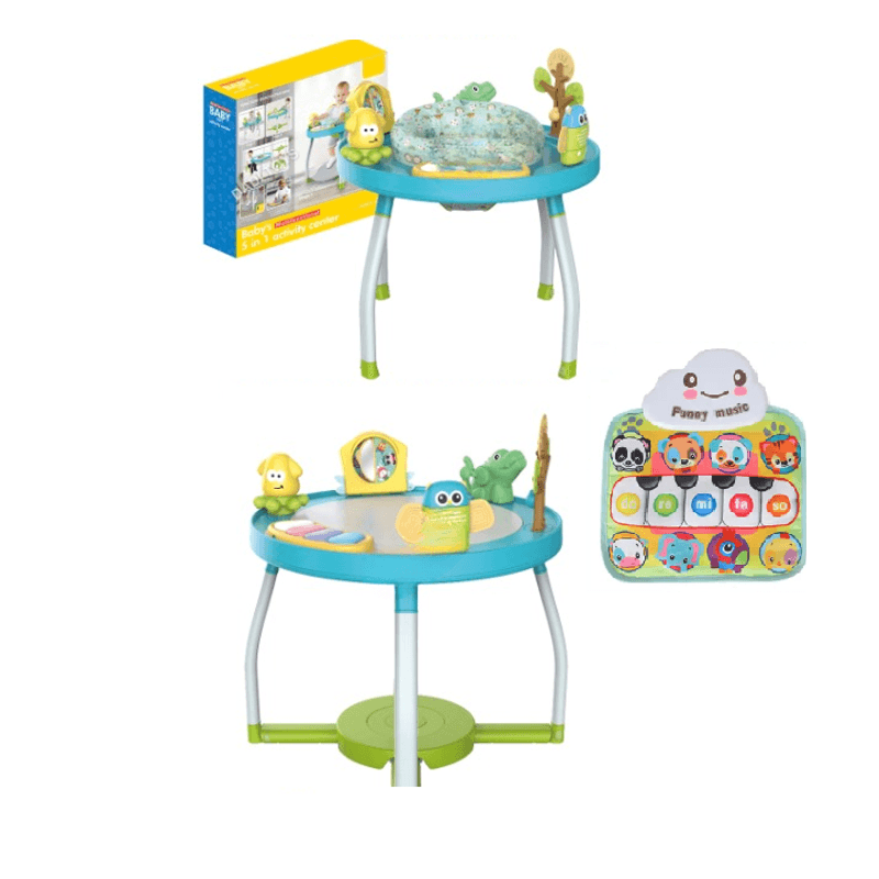 Jucarii, Copii si Bebe - Jucarii si jocuri - Jucarii de exterior - Balansoare copii - Saritor pentru copii 5 in 1 cu Masa si Centru de Activitati, Covoras Muzical, Baby Jumper, 6 luni+, Albastru - Infinity.ro