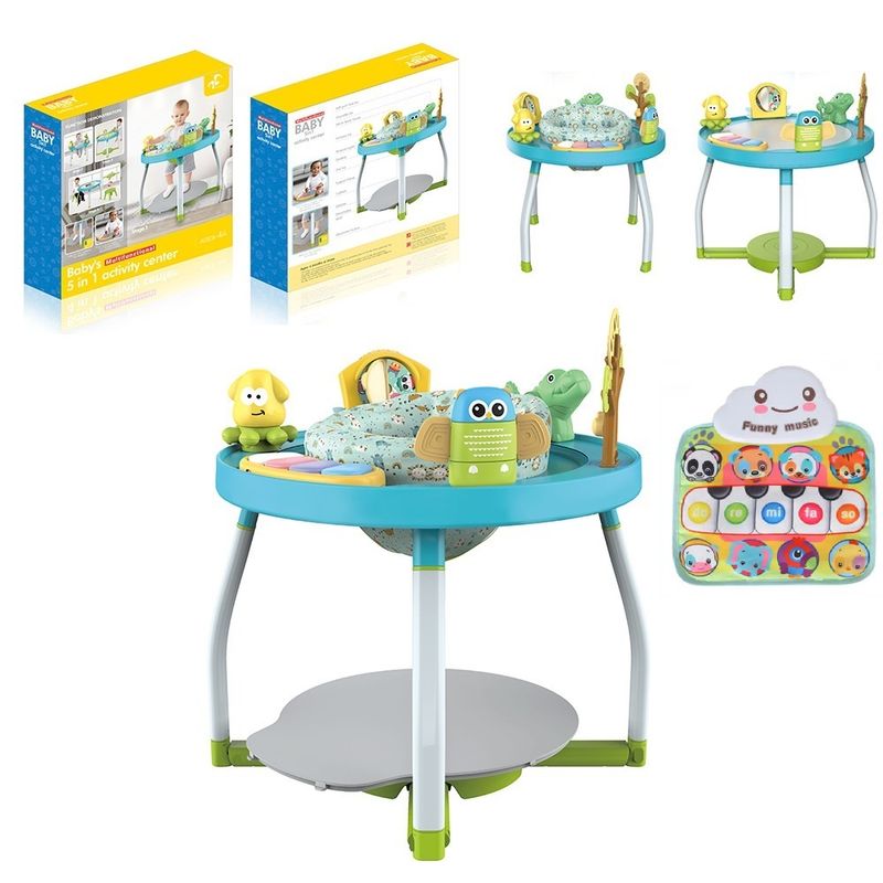 Jucarii, Copii si Bebe - Jucarii si jocuri - Jucarii de exterior - Balansoare copii - Saritor pentru copii 5 in 1 cu Masa si Centru de Activitati, Covoras Muzical, Baby Jumper, 6 luni+, Albastru - Infinity.ro