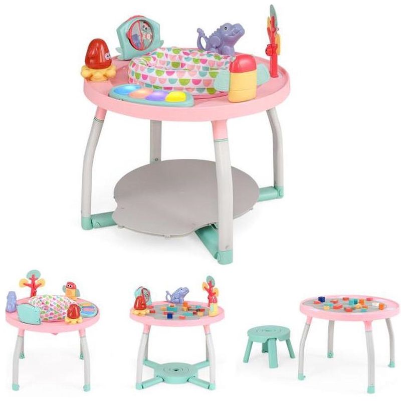 Jucarii, Copii si Bebe - Jucarii si jocuri - Jucarii de exterior - Balansoare copii - Saritor pentru copii 5 in 1 cu Masa si Centru de Activitati, Covoras Muzical, Baby Jumper, 6 luni+, Roz - Infinity.ro