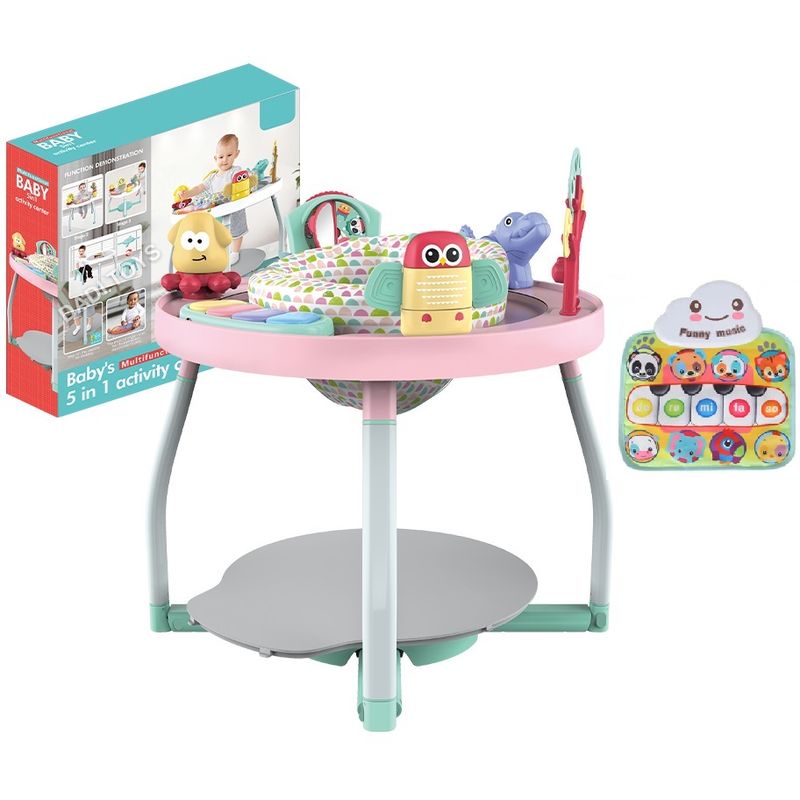 Jucarii, Copii si Bebe - Jucarii si jocuri - Jucarii de exterior - Balansoare copii - Saritor pentru copii 5 in 1 cu Masa si Centru de Activitati, Covoras Muzical, Baby Jumper, 6 luni+, Roz - Infinity.ro