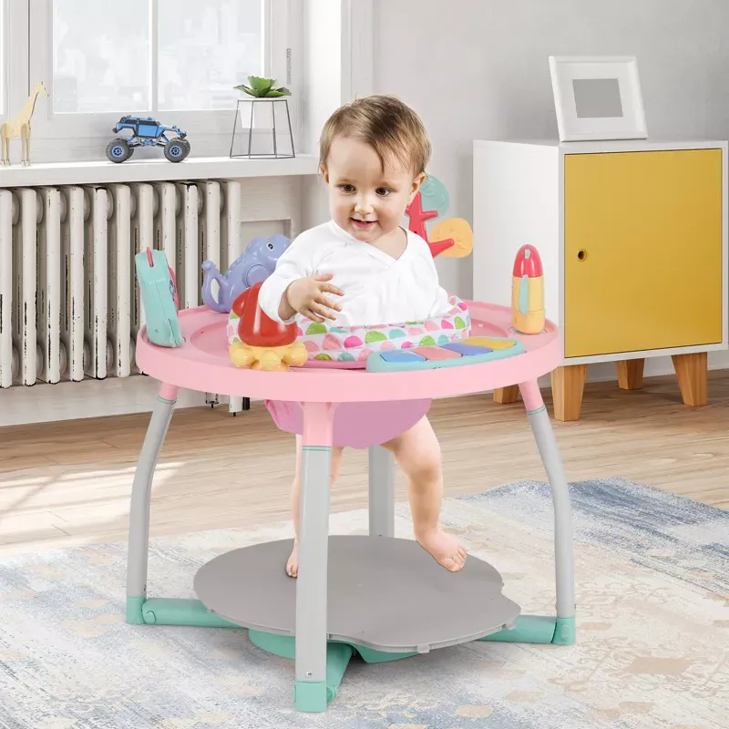 Jucarii, Copii si Bebe - Jucarii si jocuri - Jucarii de exterior - Balansoare copii - Saritor pentru copii 5 in 1 cu Masa si Centru de Activitati, Covoras Muzical, Baby Jumper, 6 luni+, Roz - Infinity.ro