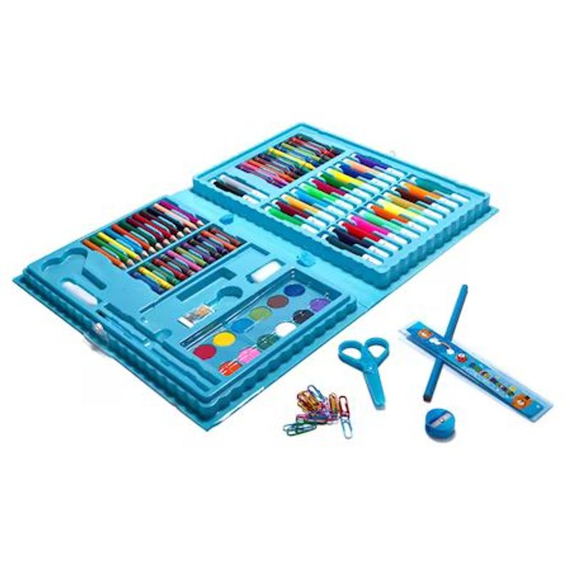 Jucarii, Copii si Bebe - Jucarii si jocuri - Jucarii & jocuri educative - Seturi pictura si desen - Set de pictura si desen pentru copii WePro Store, 86 piese, creioane colorate, pasteluri de ulei, acuarele, Albastru - Infinity.ro