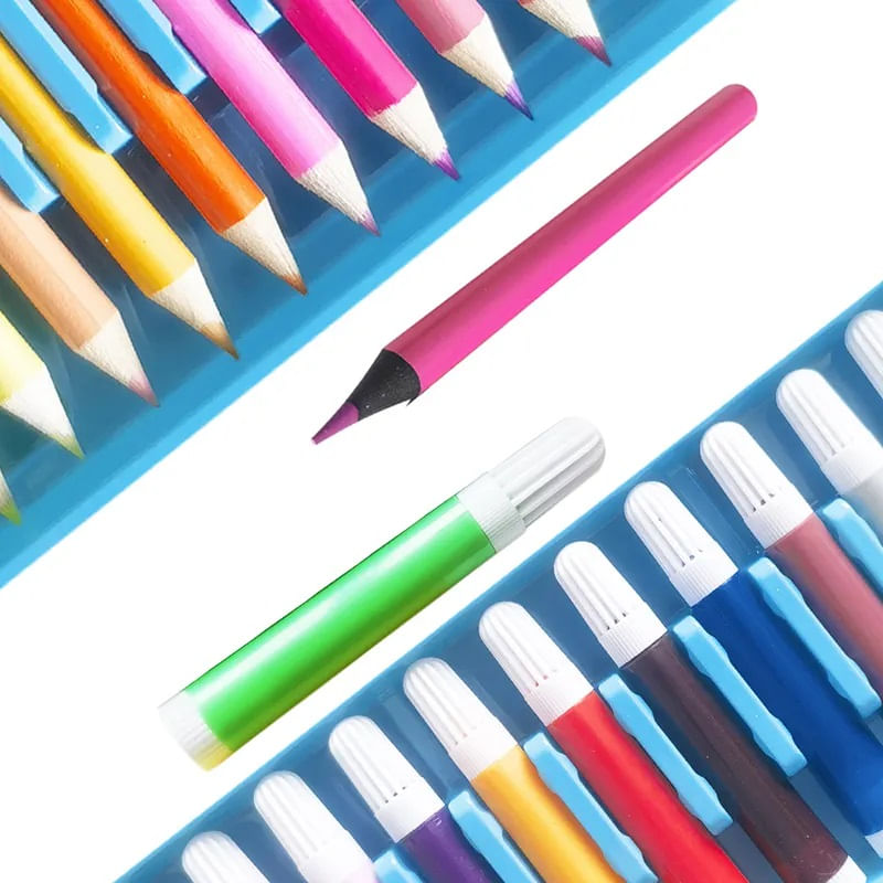 Jucarii, Copii si Bebe - Jucarii si jocuri - Jucarii & jocuri educative - Seturi pictura si desen - Set de pictura si desen pentru copii WePro Store, 86 piese, creioane colorate, pasteluri de ulei, acuarele, Albastru - Infinity.ro